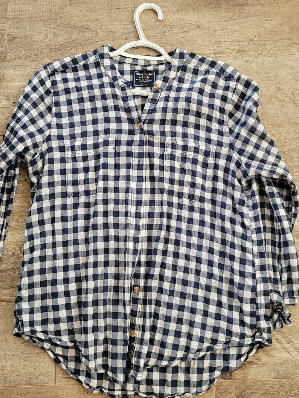 Abercrombie & Fitch Navy and White Gingham Collarless Button-Up